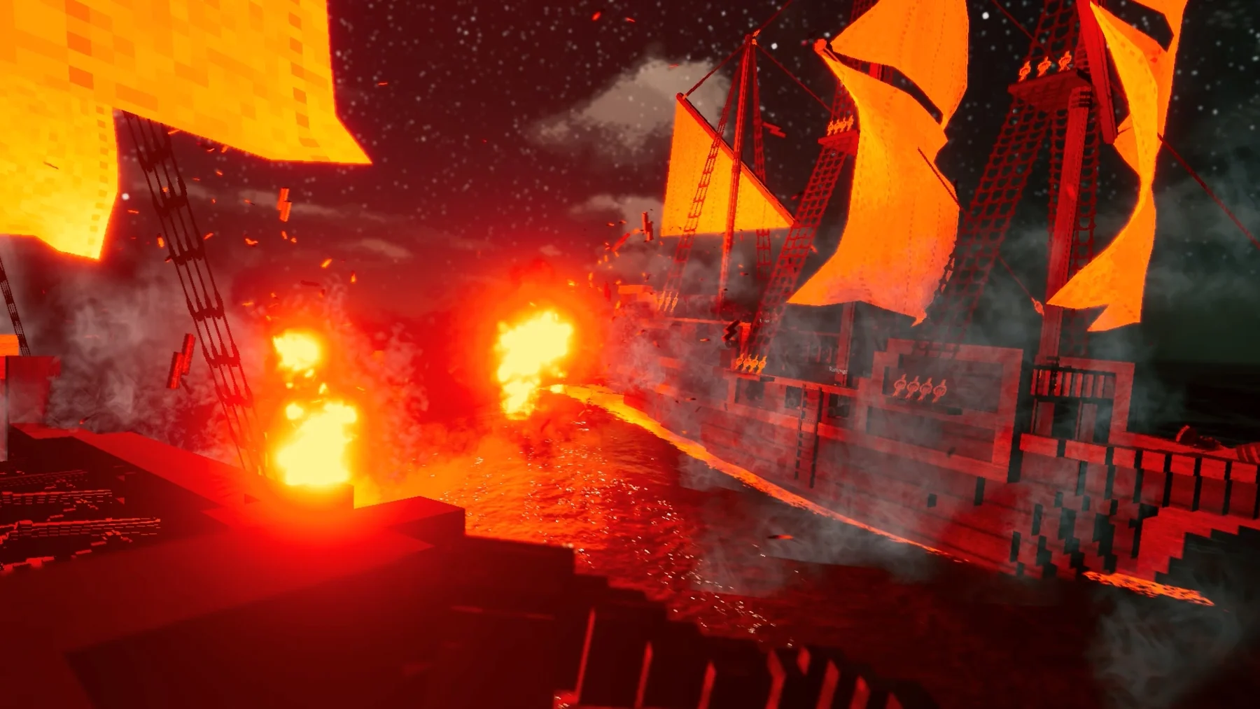 Ships exchanging cannon fire.