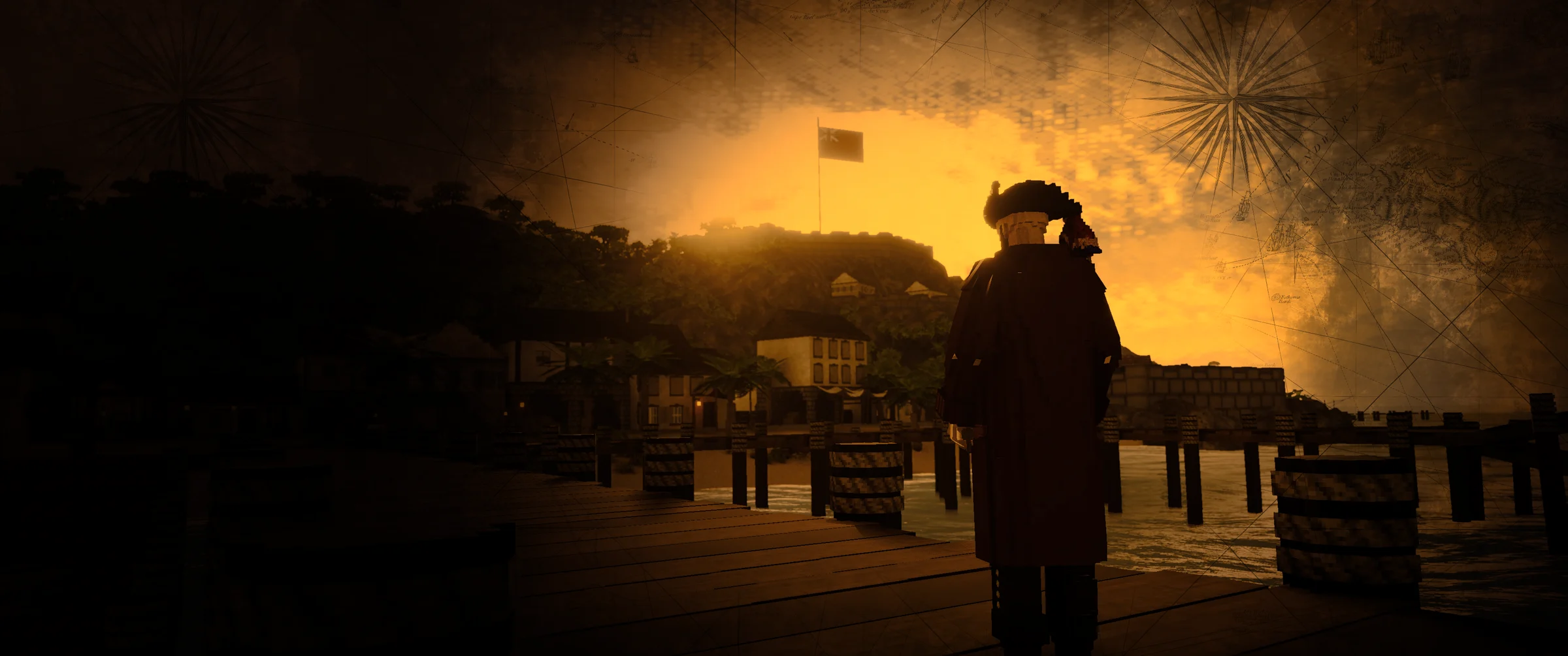 A pirate at a harbor as the sun sets over the water.